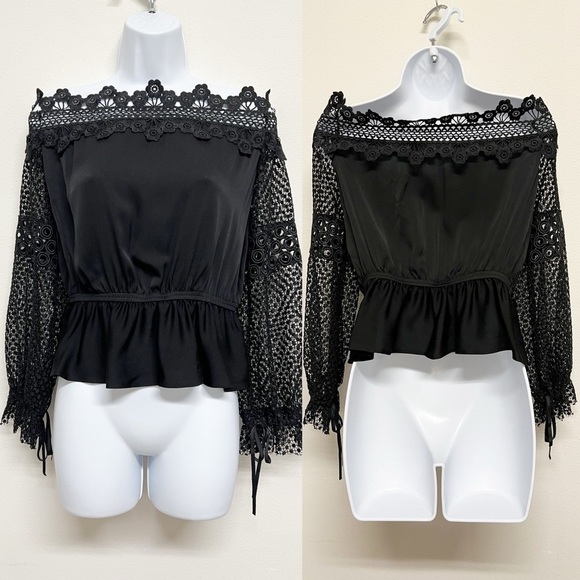 Self Portrait Womens Black Silk Blend Floral Lace Off The Shoulder Blouse US 6 - Picture 2 of 10